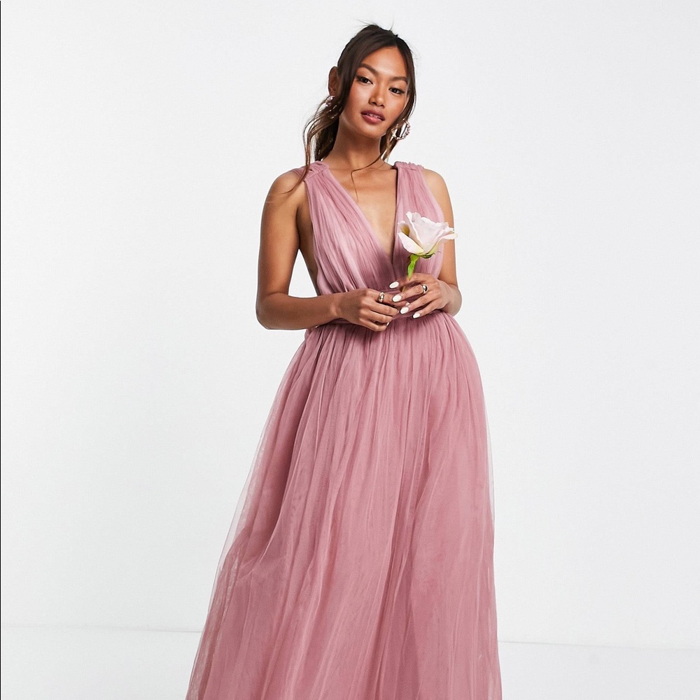 Rose tulle plunge (knee length) dress with back detail - Picture 5 of 5